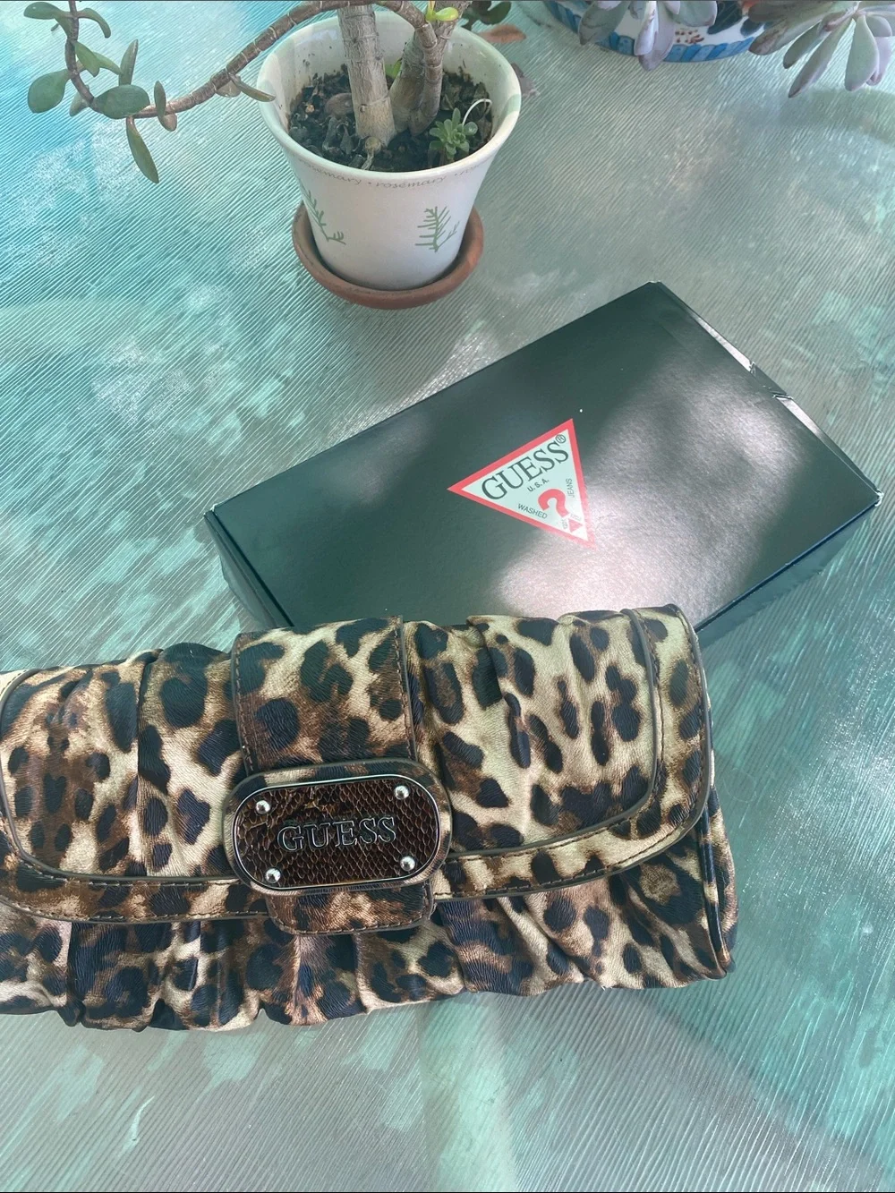 GUESS Leopard-Print Clutch in Brown and Black